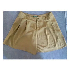 Ralph Lauren Woman's Olive Green Pleated High Waisted Button Shorts Size 14P